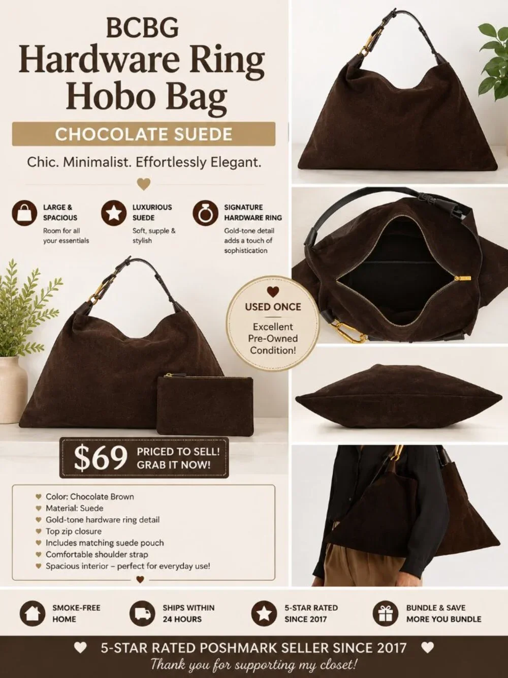 BCBG Hardware Ring Hobo Bag Chocolate Brown Suede Gold Hardware
